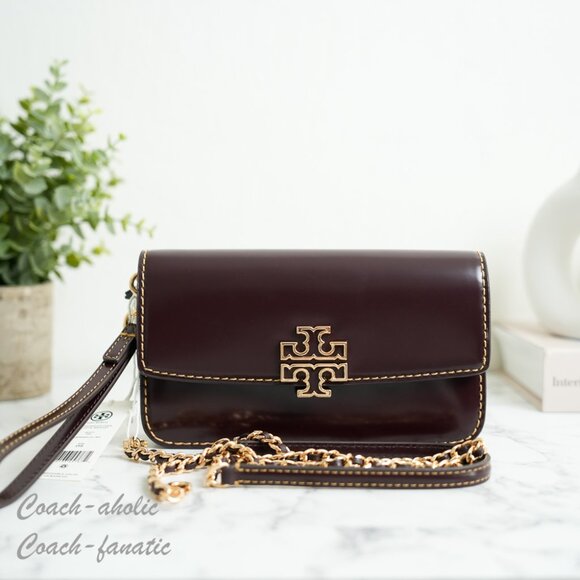 NWT Tory Burch Britten Smooth Leather Chain Wallet Crossbody in Tempranillo - Picture 1 of 11